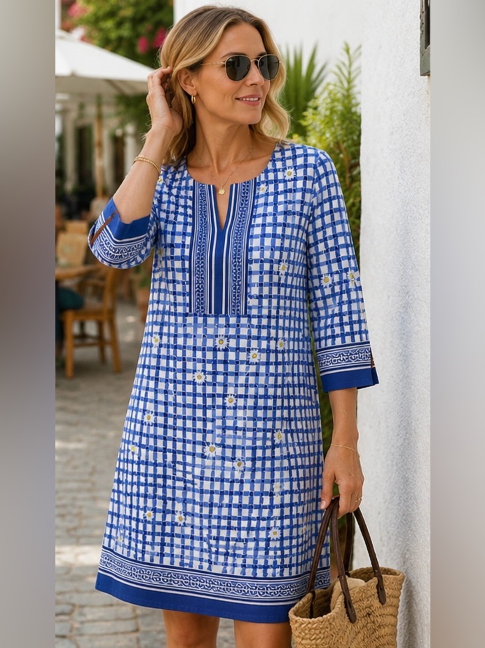 Barbara Erickson Blue Gingham Daisy Print Knit Dress Size Medium Coastal Chic